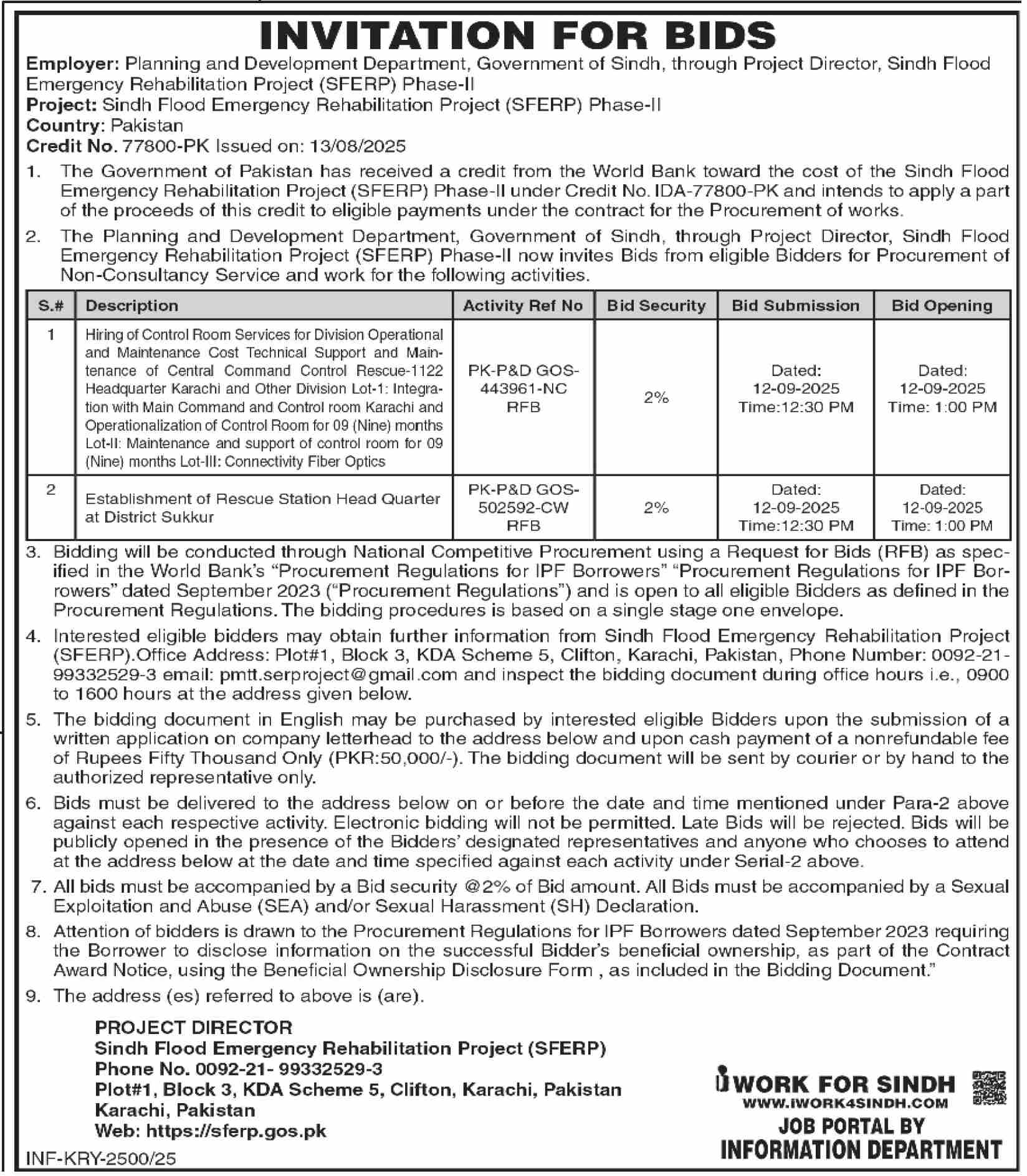 Planning & Development Department Karachi Tender Notice